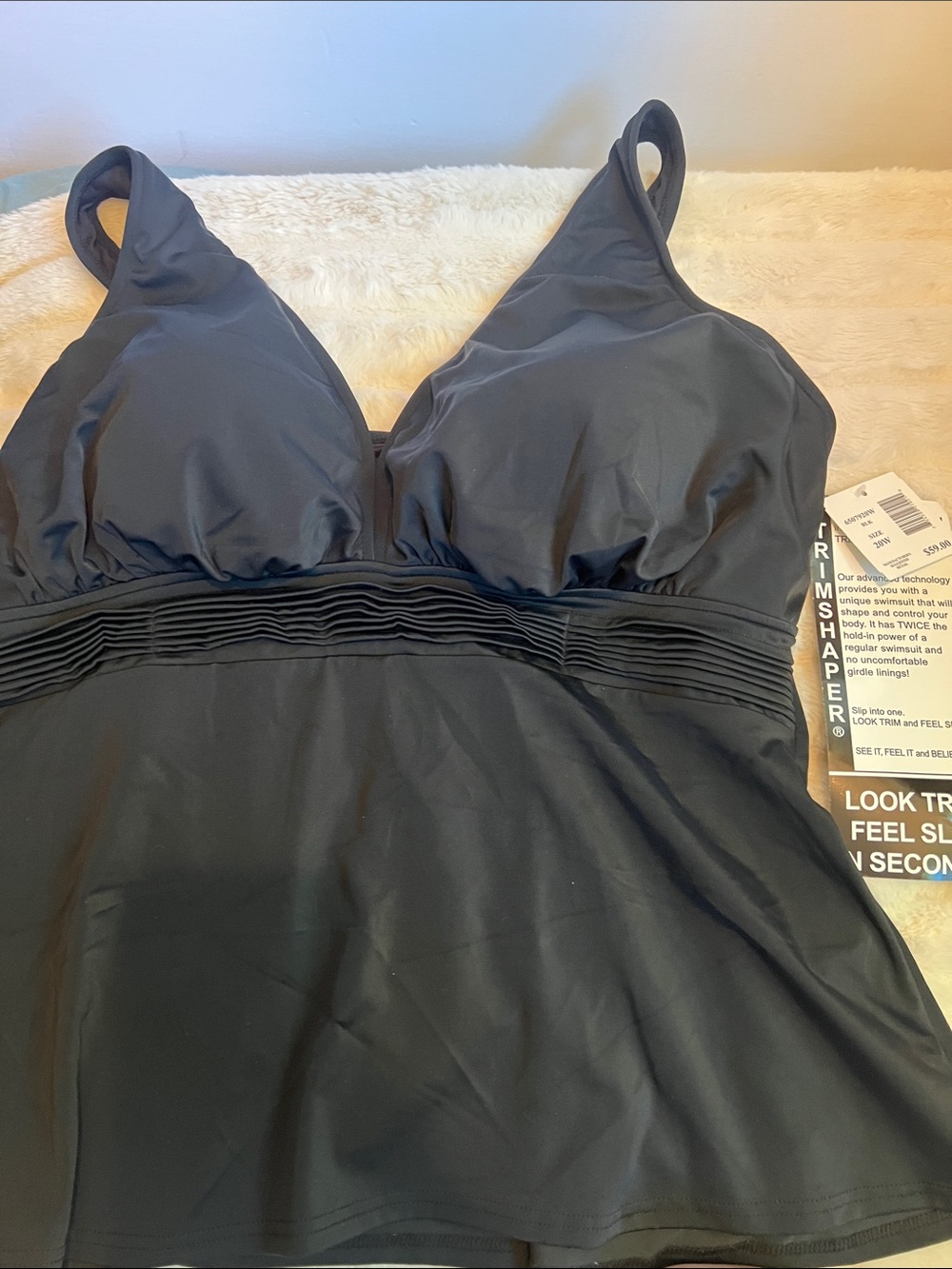 TRIMSHAPER Black Tankini Top with Pleated Front and Adjustable Straps
